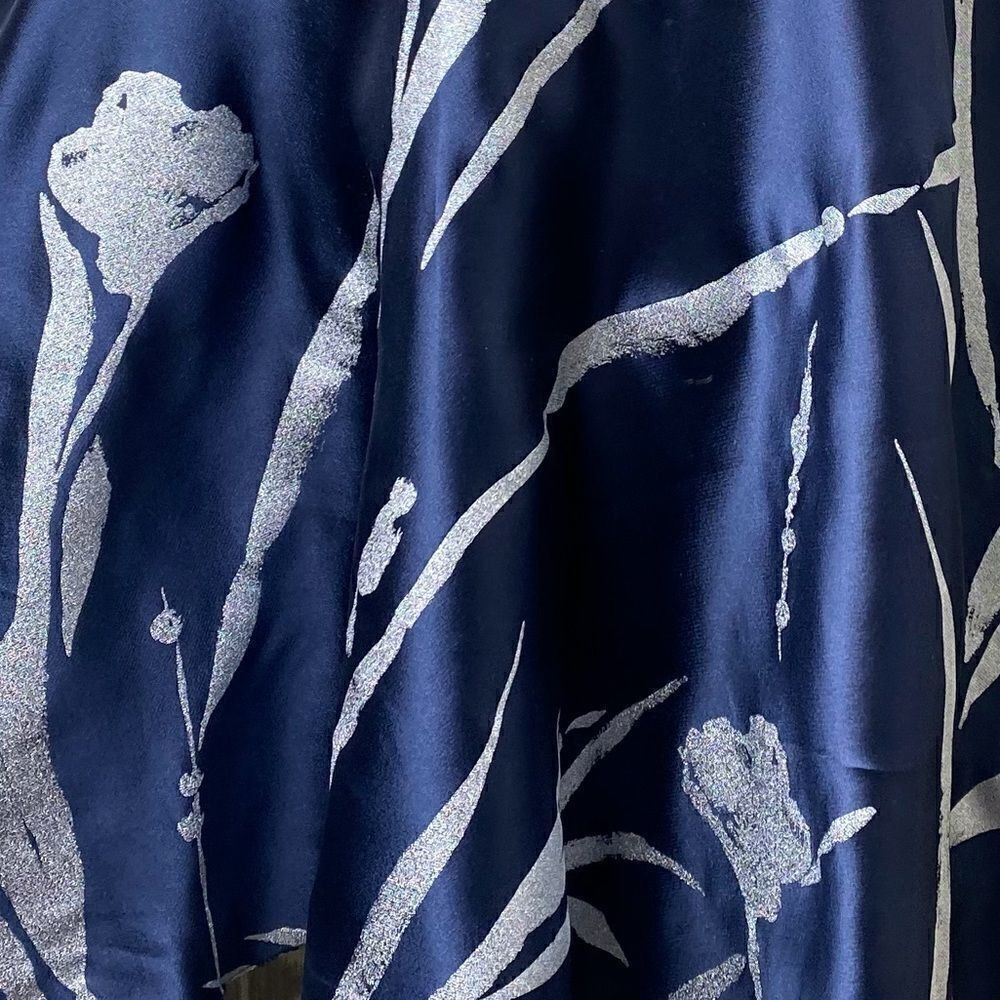 Ralph Lauren Silver Foil Botanical Print Navy Silk Fit & Flare Dress - Picture 3 of 16